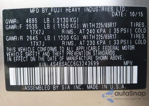 2016 Subaru Outback 2.5I Premium z USA, uszkodzony, nr VIN 4S4BSACC6G3243699